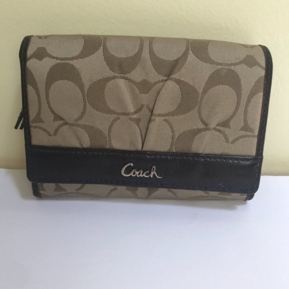 COACH Signature CC Leather Compact Zippy Wallet Monogram Tan Organizer Bag Logo